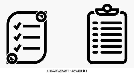 Lista de iconos o lista, programación y registro. Catálogo de etiquetas o control. Bil o calendario, docket. Nomenclatura, rollo de abalorios. Icono del vector.