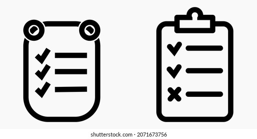 Lista de iconos o lista, programación y registro. Catálogo de etiquetas o control. Bil o calendario, docket. Nomenclatura, rollo de abalorios. Icono del vector.