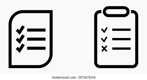 Lista de iconos o lista, programación y registro. Catálogo de etiquetas o control. Bil o calendario, docket. Nomenclatura, rollo de abalorios. Icono del vector.