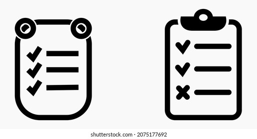 Lista de iconos o lista, programación y registro. Catálogo de etiquetas o control. Bil o calendario. Docket. Nomenclatura, rollo de abalorios. Icono del vector.