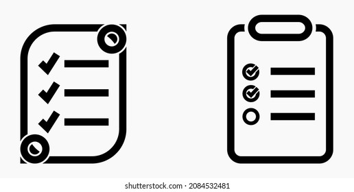 Lista de iconos o lista, planificación, registro. Catálogo de etiquetas o control. Bil o calendario. Docket. Nomenclatura, rollo de abalorios. Icono del vector.