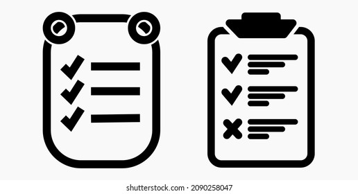Lista de iconos o lista, planificación, registro. Catálogo de etiquetas o control. Bil o calendario. Docket. Nomenclatura, rollo de abalorios. Icono del vector.