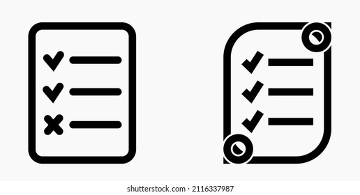 Lista de iconos o lista, planificación, registro. Catálogo de etiquetas o control. Bil o calendario. Docket. Nomenclatura, rollo de abalorios. Icono del vector.