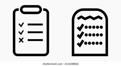 Lista de iconos o lista, planificación, registro. Catálogo de etiquetas o control. Bil o calendario. Docket. Nomenclatura, rollo de abalorios. Icono del vector.