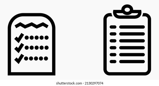 Lista de iconos o lista, planificación, registro. Catálogo de etiquetas o control. Bil o calendario. Docket. Nomenclatura, rollo de abalorios. Icono del vector.