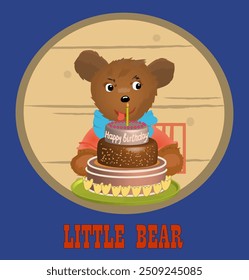 Icon of a little bear standing in front of a cake with inscription Happy Birthday on a wood board. Vector illustration for t shirt print.