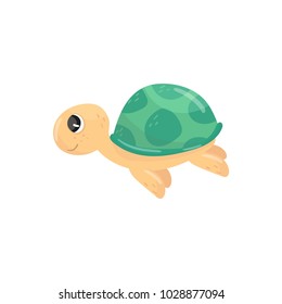 Icon of little swimming turtle. Adorable marine reptile. Cartoon character of underwater creature with green shell. Side view. Colorful flat vector illustration