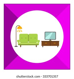 Icon of living room interior including couch, TV stand, TV-set and glowing floor lamp