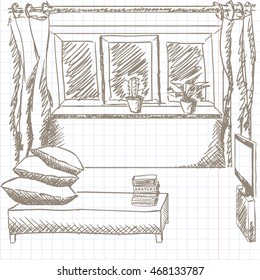 Icon of Living Room Interior with Window Flowers Curtains Bed Pillows and Anatomy Physiology Orthopaedy Books - Ordinary Pencil on Checked Old Copybook Sheet Background - Quick Sketch Handdrawn Style