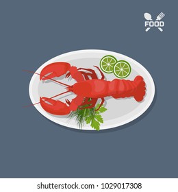 Icon of lobster with lime on a plate. Top view. Restaurant dish. Seafood. Image of langust. Vector illustration