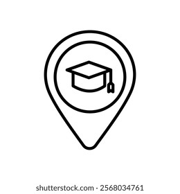 icon location academic, word graduation cap location marker design for educational themed projects targeting graduates and students. Suitable for educational websites and designs.