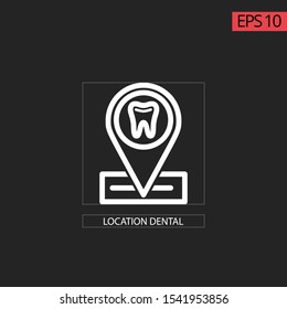 Icon location dental with white line and black background. Concept of address finder mapping and locate of dentistry clinic