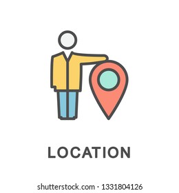 Icon location. The man points to his location. The thin contour lines with color fills.