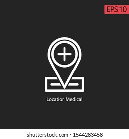 Icon location medical with white line and black background. Concept of address finder mapping and locate of hospital or clinic. Icon with plus or cross symbol medical and pin location.