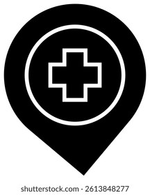 Icon of a location pin with a medical cross symbol representing a healthcare facility hospital location or medical service point. editable stroke, with transparent background.