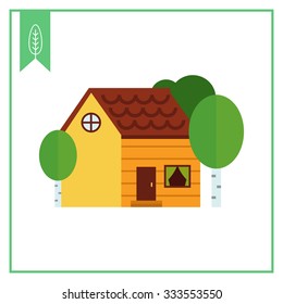 Icon of log house surrounded with birch trees