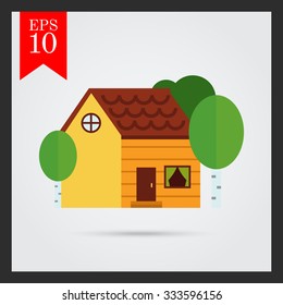 Icon of log house surrounded with birch trees