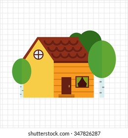 Icon of log house surrounded with birch trees