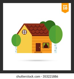 Icon of log house surrounded with birch trees