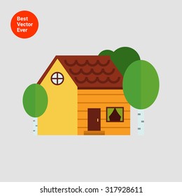 Icon of log house surrounded by birch trees