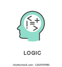 Icon logic. Symbols of logic in the head talk about the ability to reason. The thin contour lines with color fills.