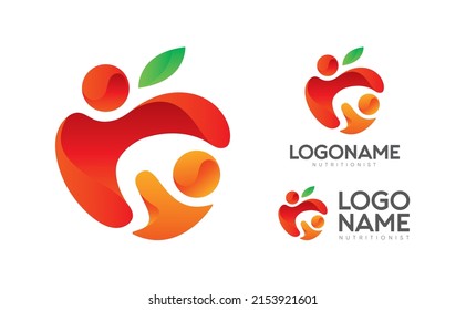 Icon LOGO 3D of mother and child forming an apple, referring to nutrition, food, health, control, well-being, love and care