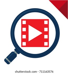 Icon logo abstract with the concept of searching, viewing, watching, for multimedia entertainment business, movies / video. Illustrated with magnifying glass and filmstrip