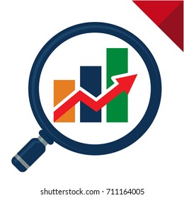 Icon logo abstract with the concept of searching, analyzing, for business finance and marketing. Illustrated with magnifying glass, bar chart, and arrow graph increases.
