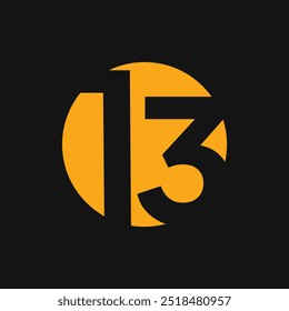 O ícone ou logotipo é um número preto 13 em um círculo laranja com um fundo preto.