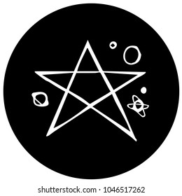 Icon Logo Black and White Circle Star with Small Planet Solar Galaxy Universe Science. Graphic Design, Resource, Elements, Vector Illustration