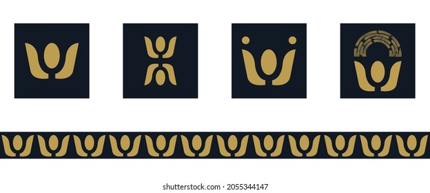 Icon, logo and border set. Raised up hands different pictogram design.  Abstract vector illustration. Golden on dark blue background. Isolated on white background