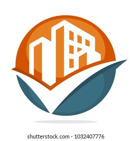 icon logo business development of construction services with good management concept, illustrated with building and checkmark