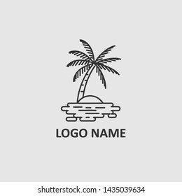 Icon Logo Coconut Tree On An Island With Line Art