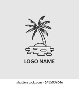 Icon Logo Coconut Tree On An Island With Line Art