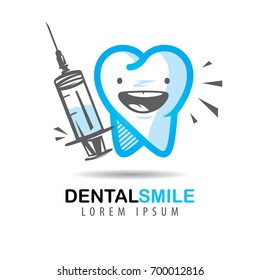 Icon and the logo of dental clinic. Cartoon tooth smiling with a medical syringe