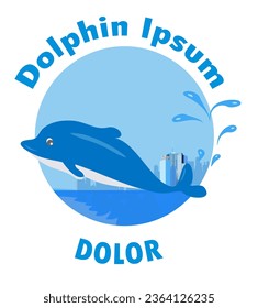 Icon and logo design of a dolphin playing in the see near the seashore. In the distance are seen the buildings. Vector illustration isolated on white background.