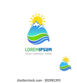 Icon and logo design. Mountain, river, landscape and sun.