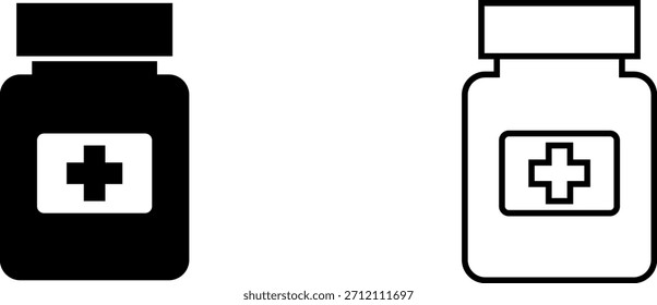 Icon and logo design showing two variations of a medicine bottle with a cross symbol, one in black and one in white outline