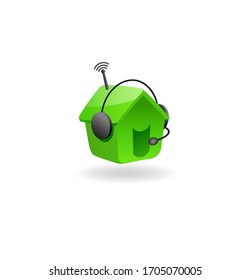 Icon or logo design for work from home business. Talking house icon with headset and wifi. Working at home because of COVID-19.