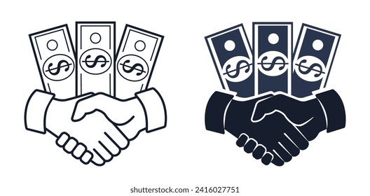 Symbol, Logo, Emblem Handshake und Geld, Dollar. Das Konzept des Abschlusses einer Vereinbarung, Vereinbarung, Vertrag, Kauf, erfolgreiche Verhandlungen. Lineare, isolierte Schwarz-Weiß-Zeichnung. Vektorgrafik.