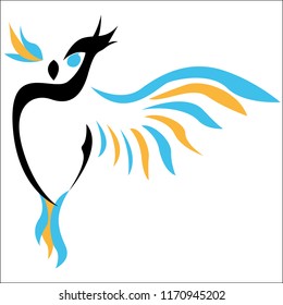 Icon or logo in the form of an owl of lines and feathers. The tricolor owl is staring ahead, bright feathers.