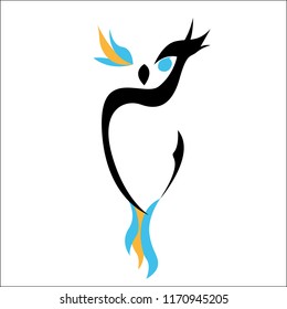 Icon or logo in the form of an owl of lines and feathers. The tricolor owl is staring ahead, bright feathers.