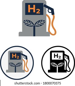 Icon Or Logo Of The Green Hydrogen Fueling Station. Set Of Simple Flat Vector Cliparts Of The Eco H2 Gas Station