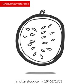 Icon and Logo. Hand Drawing Watermelon Half Circle with Seeds Food Fruit Summer Healthy. Graphic Design Resource, Elements, Vector Illustration.
