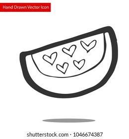 Icon and Logo. Hand Drawing Watermelon Slice with Hearts Seeds Food Fruit Summer Healthy. Graphic Design Resource, Elements, Vector Illustration.