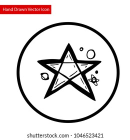 Icon and Logo. Hand Drawn Doodle Star with Small Planet Solar Galaxy Universe Science. Graphic Design, Resource, Elements, Vector Illustration