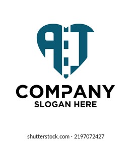 Forma del corazón del logotipo del icono con la combinación de las iniciales letra A T