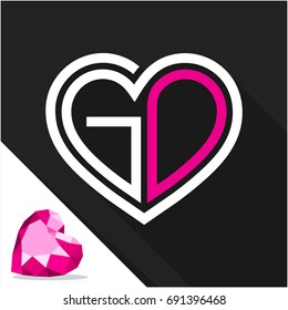 Icon logo heart shape with combination of initials letter G & D