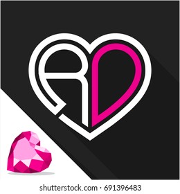 Icon logo heart shape with combination of initials letter R & D