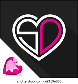 Icon logo heart shape with combination of initials letter S & D